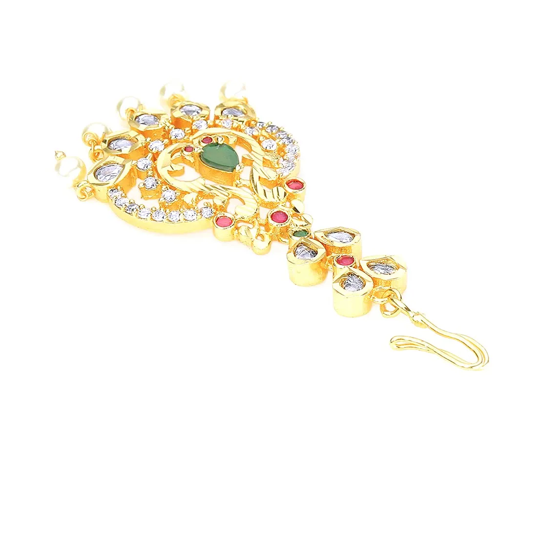 Yellow Chimes Classic AD/American Diamond Studded Gold Plated Multicolour Stone Maang Tikka for Women and Girls, Multicolor, Medium