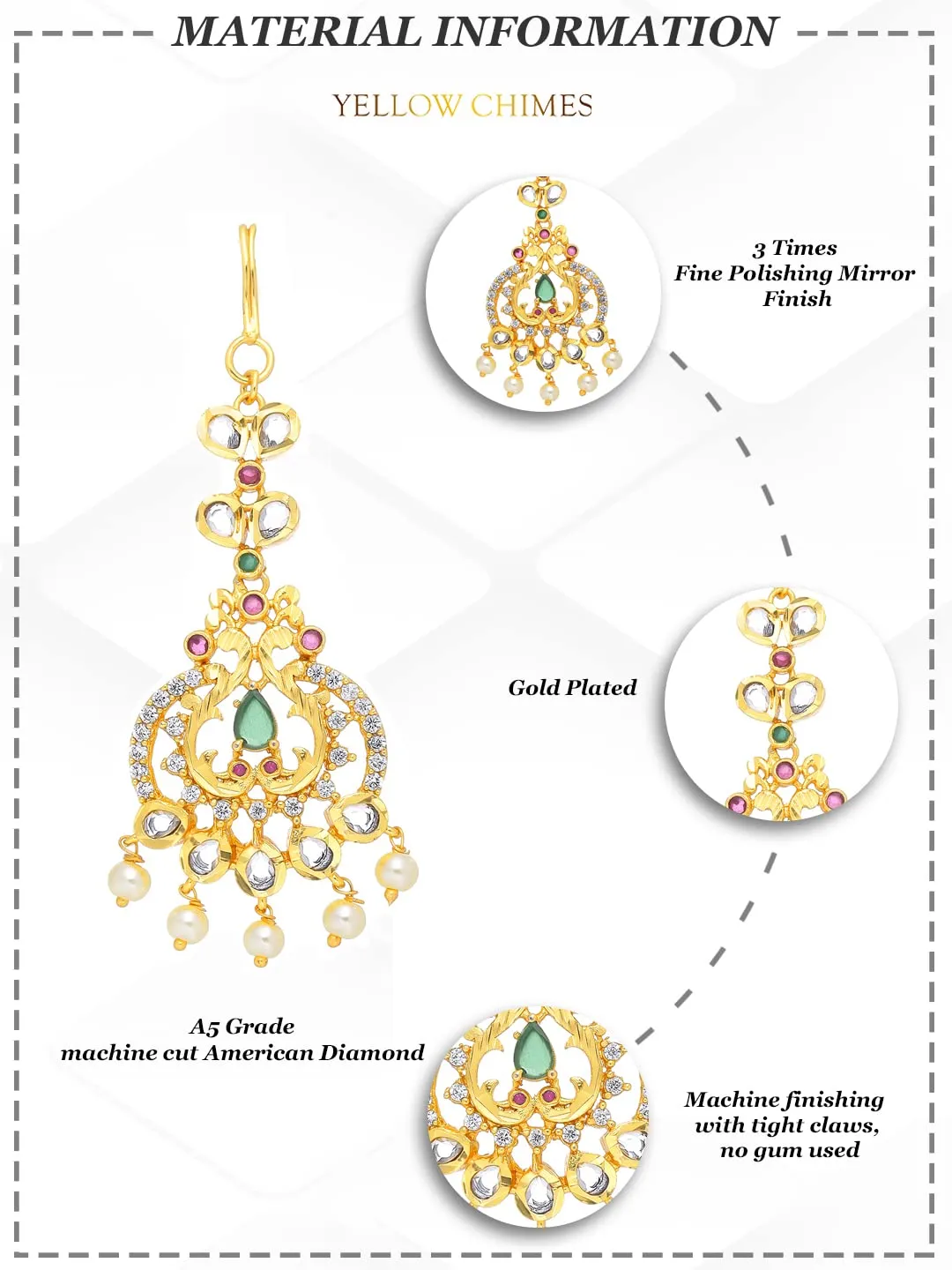 Yellow Chimes Classic AD/American Diamond Studded Gold Plated Multicolour Stone Maang Tikka for Women and Girls, Multicolor, Medium