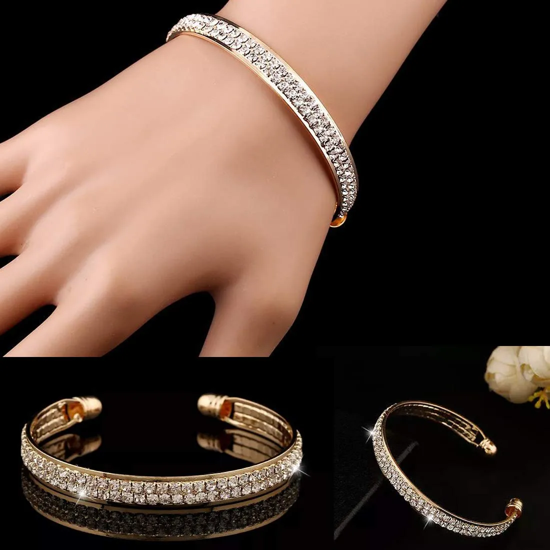 Yellow Chimes Classic Double Layer Crystal Studded Wedding Style Gold Plated Kada Bangle Bracelet for Women and Girl's